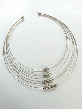 Vintage Silver Tone Y2K 2000s Prom Memory Wire Choker Beaded Collar Necklace